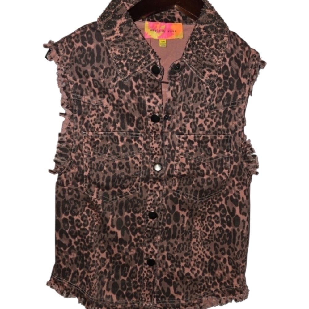 English Rose Beaded Leopard Print/ Pink Vest Top Button Front Cotton Size S/M